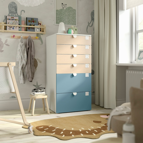 SMÅSTAD / PLATSA Chest of 6 drawers, white birch/blue, 60x57x123 cm