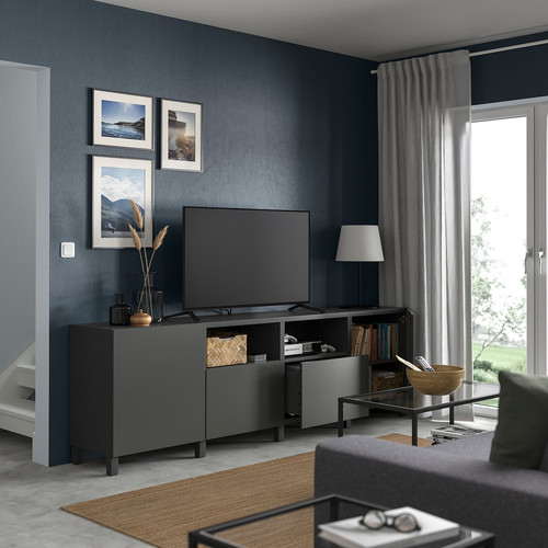 BESTÅ TV bench with doors and drawers, dark grey/Lappviken/Stubbarp dark grey, 240x42x74 cm