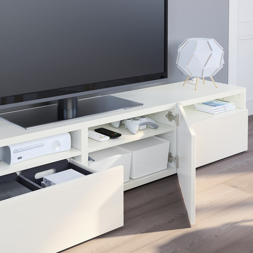 BESTÅ TV bench, white/Selsviken high-gloss/white, 180x42x39 cm