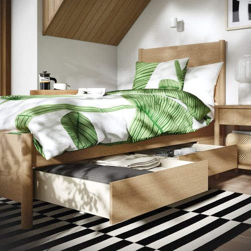 TONSTAD Bed frame with storage, oak veneer, 90x200 cm