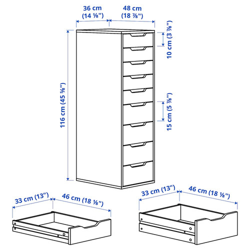 ALEX Drawer unit with 9 drawers, white, 36x116 cm