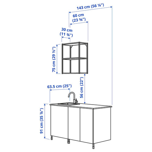 ENHET Kitchen, white, 143x63.5x222 cm