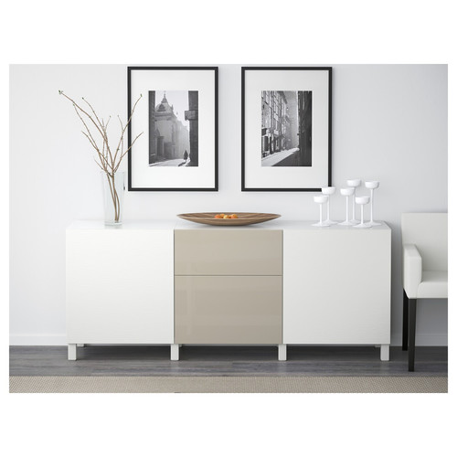 BESTÅ Storage combination with drawers, Laxviken white/Selsviken high-gloss/beige, 180x40x74 cm