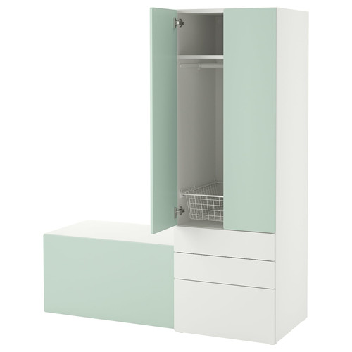 SMÅSTAD / PLATSA Storage combination, white light green/with bench, 150x57x181 cm