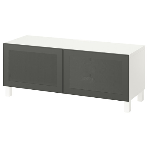 BESTÅ TV bench with doors, white Mörtviken/Stubbarp/dark grey, 120x42x48 cm