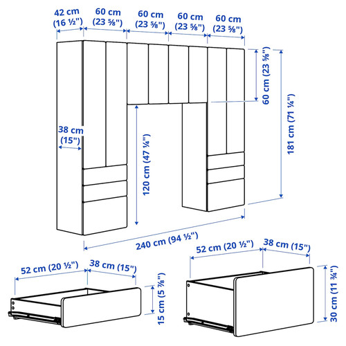 SMÅSTAD / PLATSA Storage combination, white/blue, 240x42x181 cm