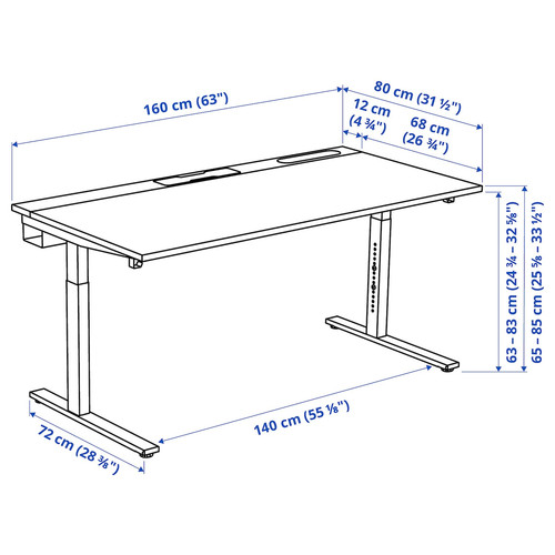 MITTZON Desk, black stained ash veneer/black white, 160x80 cm