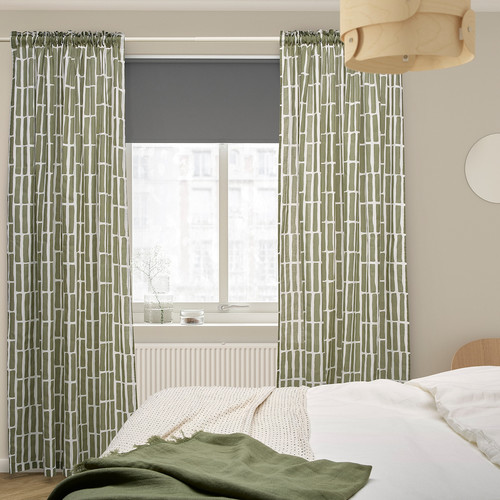 SKOGSSTJÄRNA Curtains, 1 pair, grey-green/white, 145x300 cm