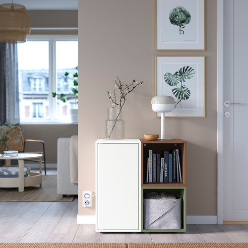 EKET Cabinet combination with feet, white/walnut effect grey-green, 70x35x72 cm