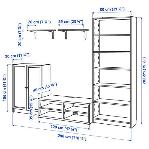 BILLY / BESTÅ TV storage combination, white, 280x40x202 cm