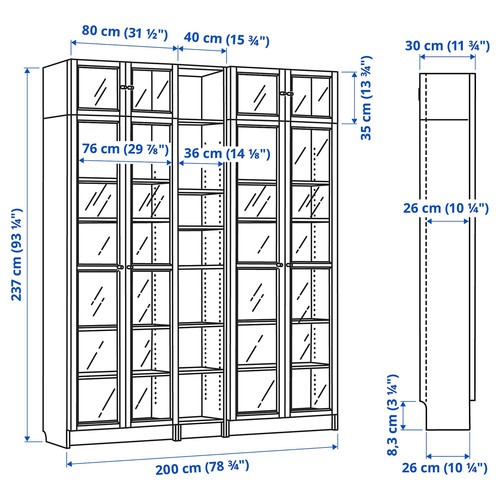 BILLY / OXBERG Bookcase w glass doors/ext unit, oak effect, 200x30x237 cm