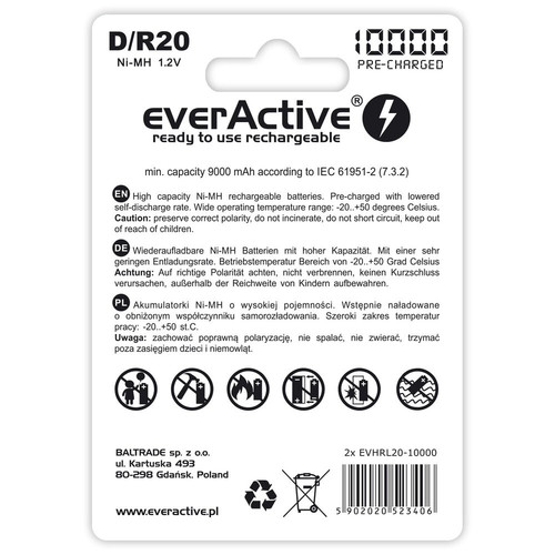 EverActive Ni-MH Batteries 1.2V D/R20 10000mAh Professional Line, 2 pack