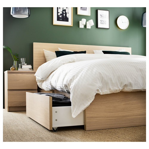 MALM Bed frame, high, w 2 storage boxes, white stained oak veneer, 180x200 cm