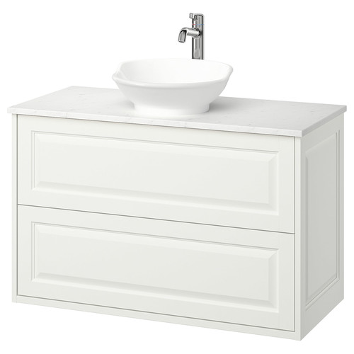 TÄNNFORSEN/VÄSTERSJÖN Wash-stnd w drawers/wash-basin/tap, white/white marble effect, 102x49x79 cm