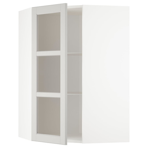 METOD Corner wall cab w shelves/glass dr, white/Lerhyttan light grey, 68x100 cm