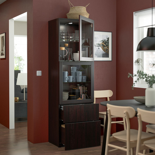 BESTÅ Storage combination w/glass doors, black-brown, Lappviken black-brown, clear glass, 60x42x192 cm