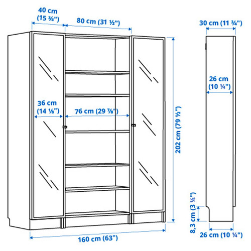 BILLY / HÖGBO Bookcase combination w glass doors, black oak effect, 160x202 cm