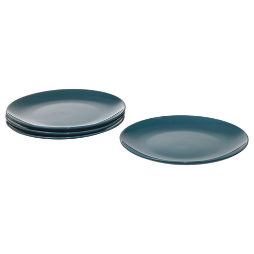 FÄRGKLAR Plate, glossy dark turquoise, 26 cm, 4 pack