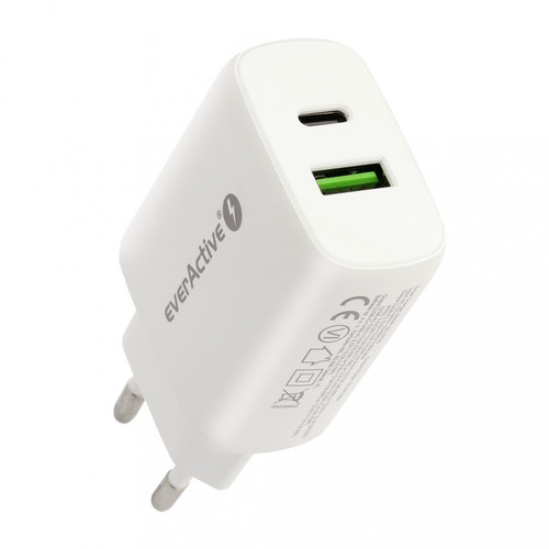 everActive Wall Charger EU Plug USB/USB-C QC3.0 25W, white