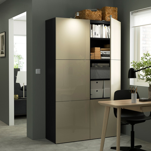 BESTÅ Storage combination with doors, black-brown, Selsviken high-gloss/beige, 120x40x192 cm