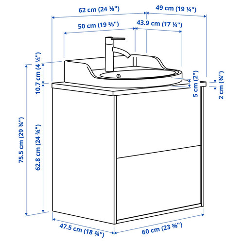 TÄNNFORSEN / RUTSJÖN Wash-stnd w drawers/wash-basin/tap, light grey/black marble effect, 62x49x76 cm