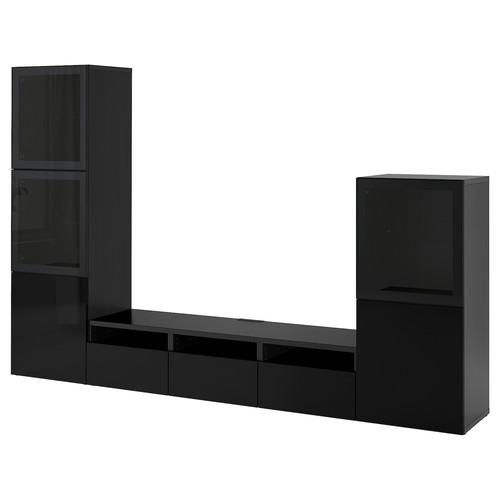 BESTÅ TV storage combination/glass doors, black-brown/Selsviken high-gloss/black smoked glass, 300x42x193 cm