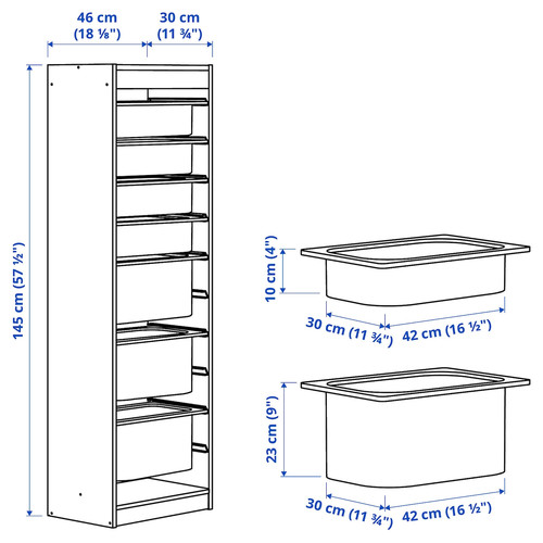TROFAST Storage combination with boxes, white/white grey, 46x30x145 cm