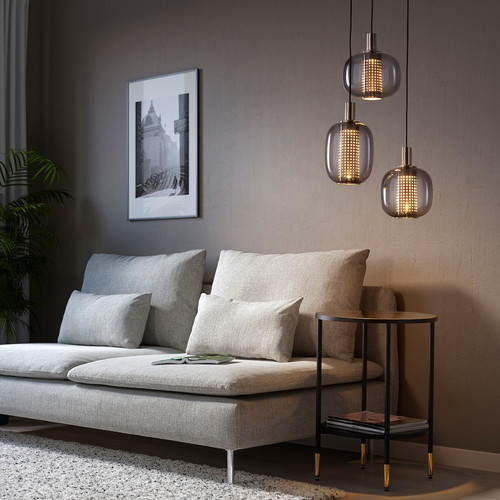 HÖGVIND Pendant lamp with 3 lamps, nickel-plated/grey glass