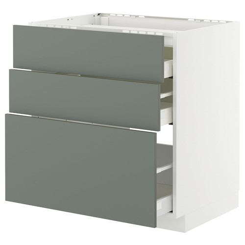 METOD / MAXIMERA Base cab f hob/3 fronts/3 drawers, white/Nickebo matt grey-green, 80x60 cm