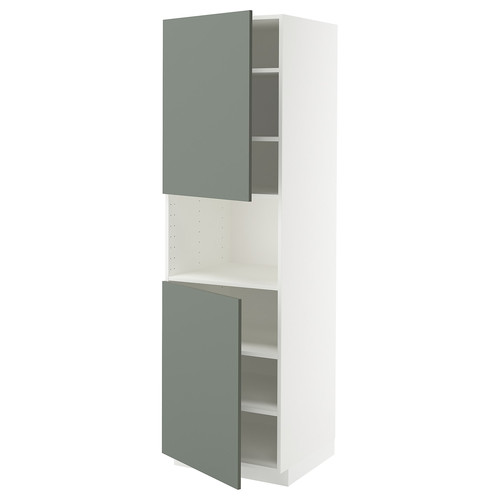 METOD High cab f micro w 2 doors/shelves, white/Nickebo matt grey-green, 60x60x200 cm