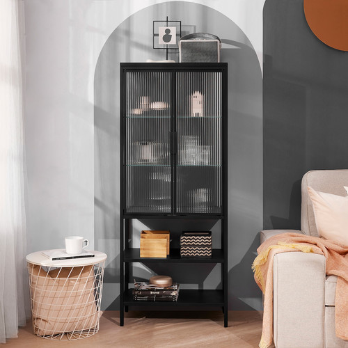 MOSSJÖN Glass-door cabinet with 2 doors, anthracite, 60x34x146 cm