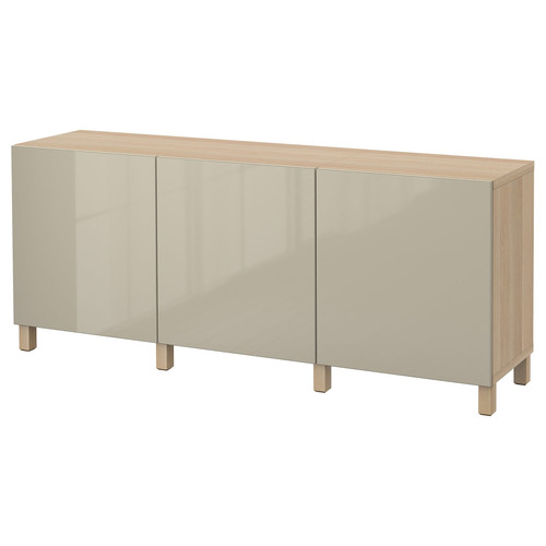 BESTÅ Storage combination with doors, white stained oak effect, Selsviken high-gloss/beige, 180x40x74 cm