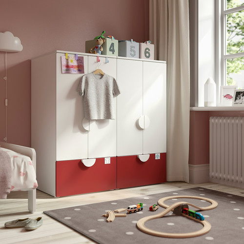 SMÅSTAD / PLATSA Storage combination, white red/with 2 drawers, 120x57x123 cm