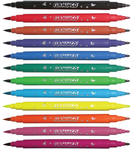 Flamingo Double Fibre-Tip Pens Fine & Brush 12 Colours