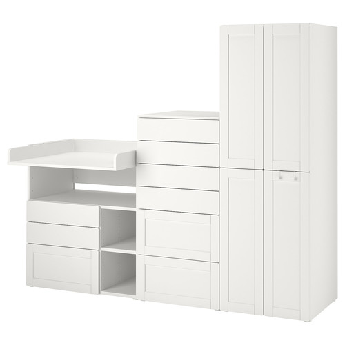 SMÅSTAD / PLATSA Storage combination, white with frame/with changing table, 210x79x181 cm