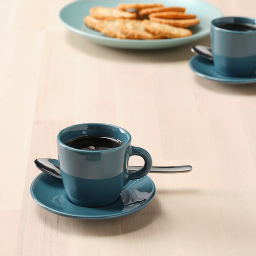 FÄRGKLAR Cup with saucer, glossy dark turquoise, 7 cl, 4 pack