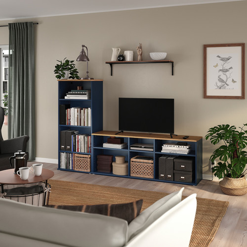 SKRUVBY TV storage combination, black-blue, 216x38x140 cm