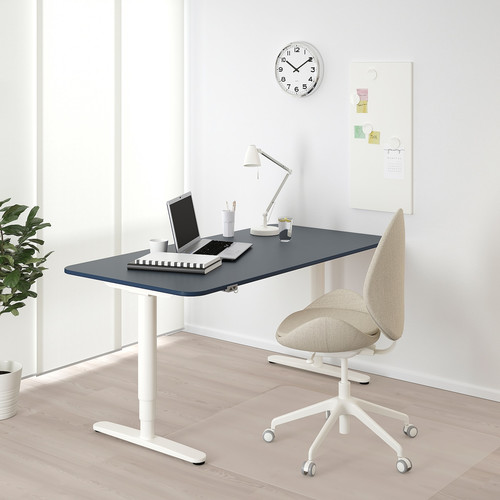 BEKANT Desk sit/stand, Linoleum blue, white, 160x80 cm