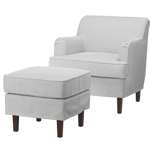 ROCKSJÖN Armchair with footstool, Klovsta grey/white