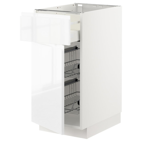 METOD / MAXIMERA Base cab w wire basket/drawer/door, white/Voxtorp high-gloss/white, 40x60 cm