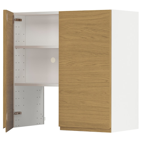 METOD Wall cb f extr hood w shlf/door, white/Voxtorp oak effect, 80x80 cm