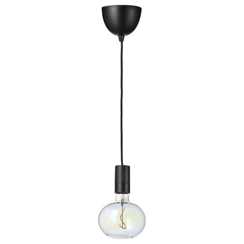 SUNNEBY / MOLNART Pendant lamp with light bulb, black/ellipse shaped multicolour