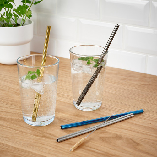 LUFTTÄT Drinking straws/cleanbrush set of 5, mixed shapes mixed colours