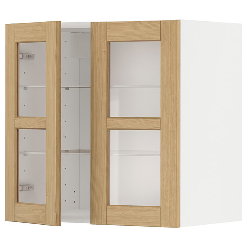 METOD Wall cabinet w shelves/2 glass drs, white/Forsbacka oak, 60x60 cm