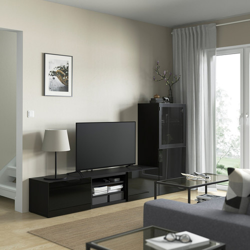 BESTÅ TV storage combination/glass doors, black-brown/Selsviken high-gloss/black smoked glass, 240x42x129 cm