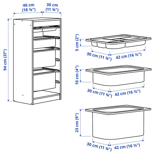 TROFAST Storage combination with boxes/tray, grey turquoise/white, 46x30x94 cm