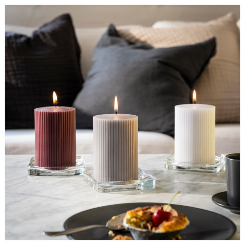 KOPPARLÖNN Scented pillar candle, almond & cherry/mixed colours, 30 hr, 3 pack