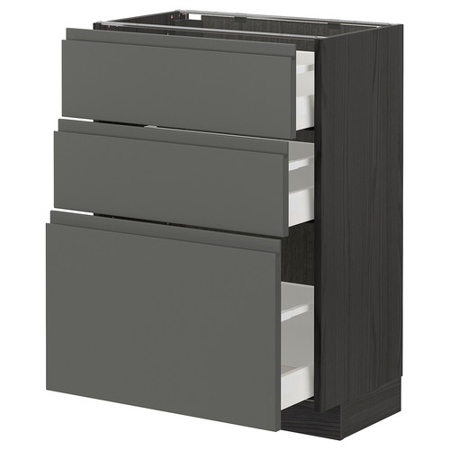 METOD / MAXIMERA Base cabinet with 3 drawers, black, Voxtorp dark grey, 60x37 cm