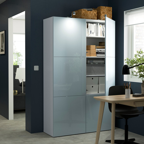 BESTÅ Storage combination with doors, white Selsviken, high-gloss light grey-blue, 120x42x193 cm