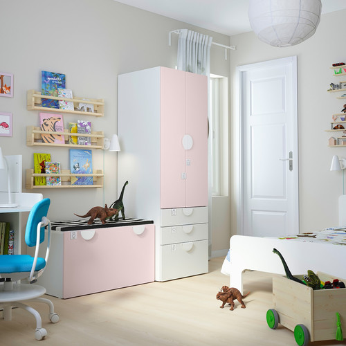 SMÅSTAD / PLATSA Storage combination, white pale pink/with bench, 150x57x181 cm